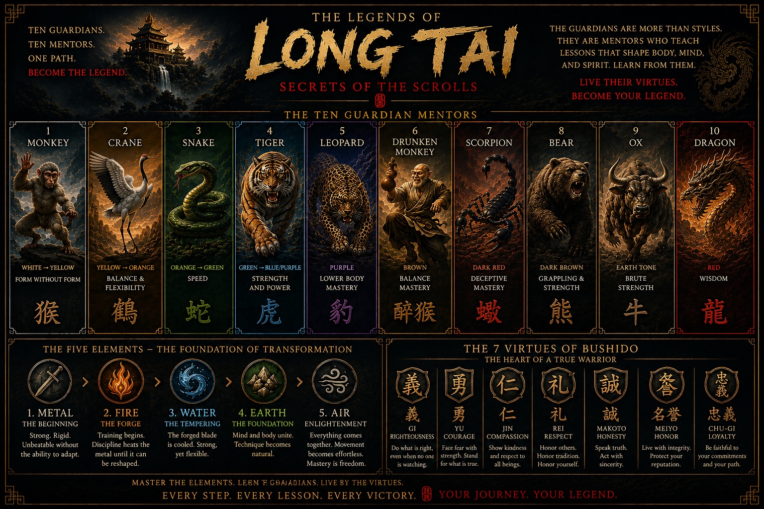 The ten Guardian mentors: Monkey, Crane, Snake, Tiger, Leopard, Drunken Monkey, Scorpion, Bear, Ox, and Dragon